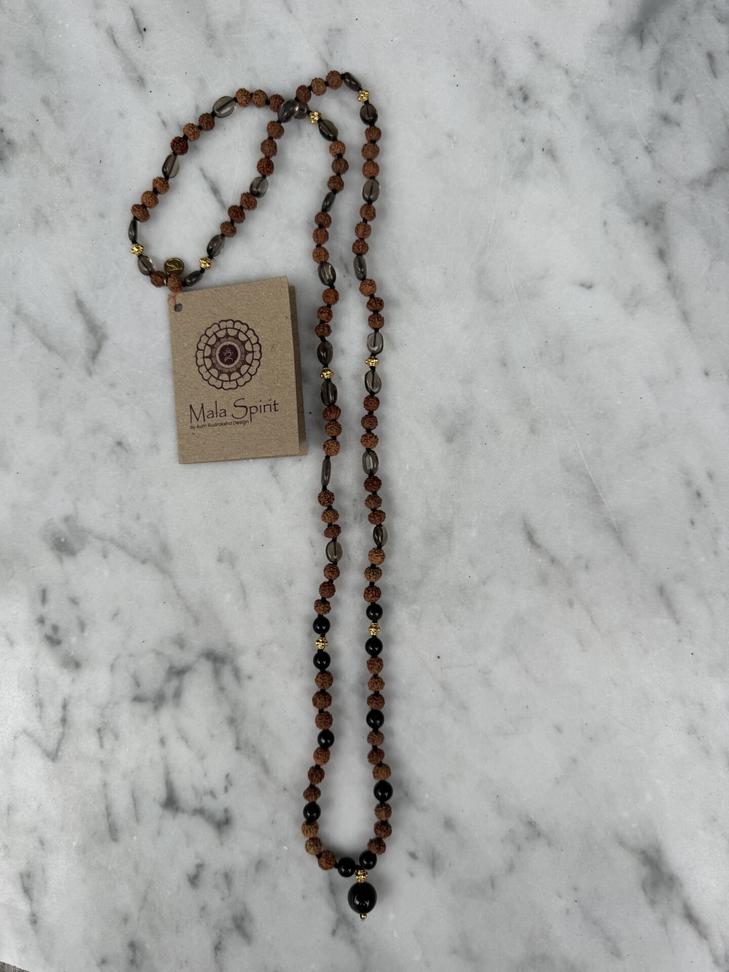 Obsidiaan en rookkwarts mala 3 Mala met Rookkwarts obsidiaan en Rudraksha