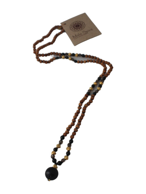 Obsidiaan en rookkwarts mala ketting met rudraksha en obsidiaan hanger